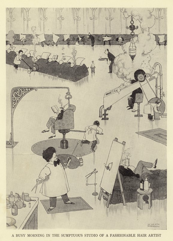 Una mattina intensa nello studio sontuoso di un artista di moda per capelli da William Heath Robinson