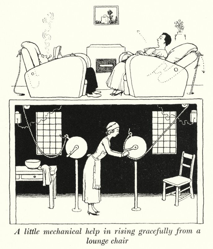 Un piccolo aiuto meccanico per alzarsi con grazia da una poltrona da William Heath Robinson