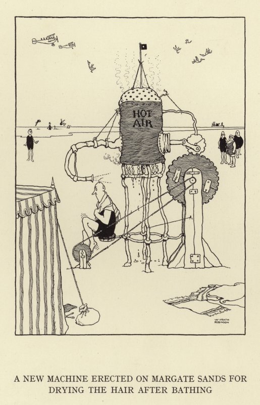 Una nuova macchina eretta sulle sabbie di Margate per asciugare i capelli dopo il bagno da William Heath Robinson