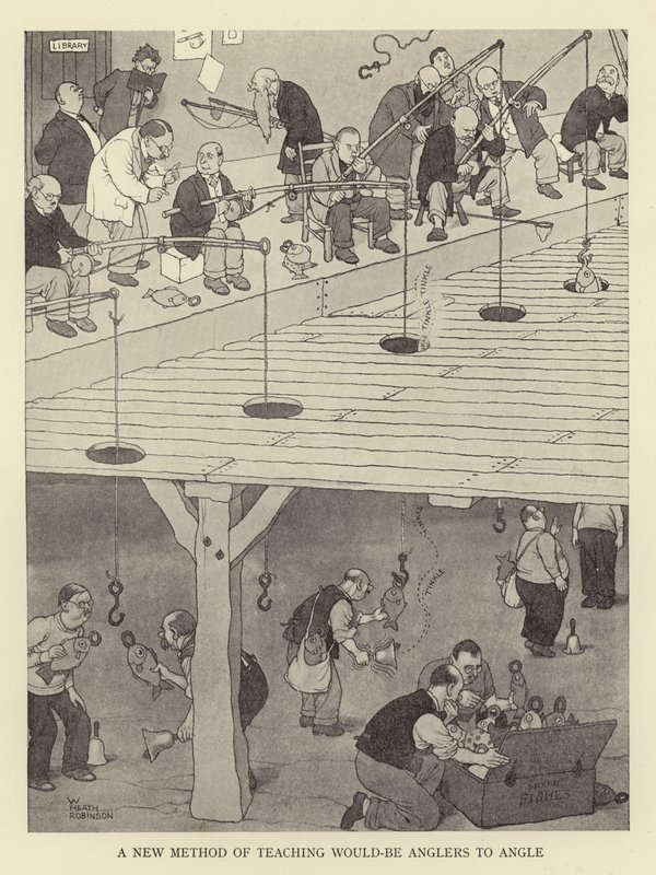 Un nuovo metodo per insegnare ai futuri pescatori a pescare da William Heath Robinson
