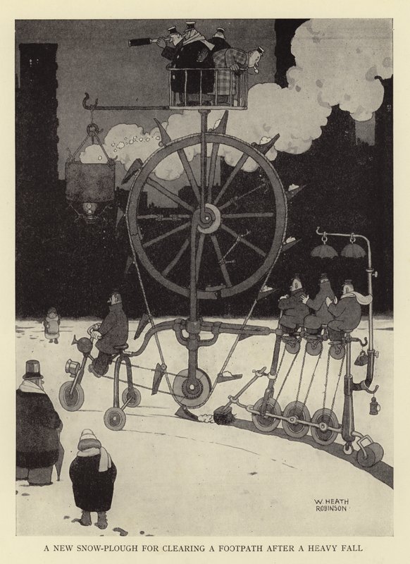 Un nuovo spazzaneve per liberare un marciapiede dopo una forte nevicata da William Heath Robinson