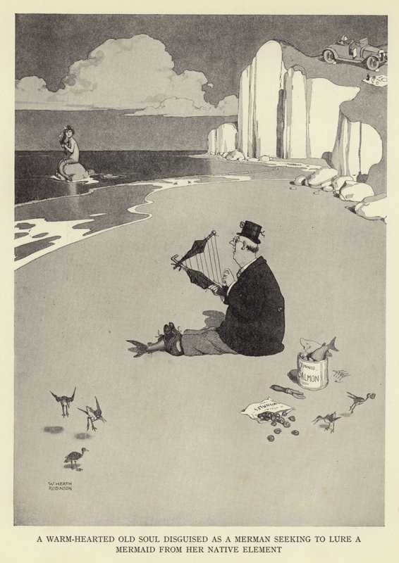 Un vecchio dal cuore caldo travestito da tritone che cerca di attirare una sirena dal suo elemento nativo da William Heath Robinson