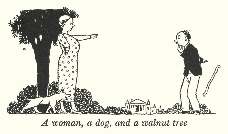 Una donna, un cane e un albero di noce (litografia) da William Heath Robinson