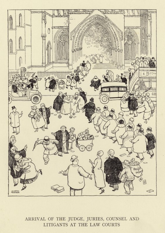 Arrivo del giudice, delle giurie, degli avvocati e dei litiganti ai tribunali da William Heath Robinson