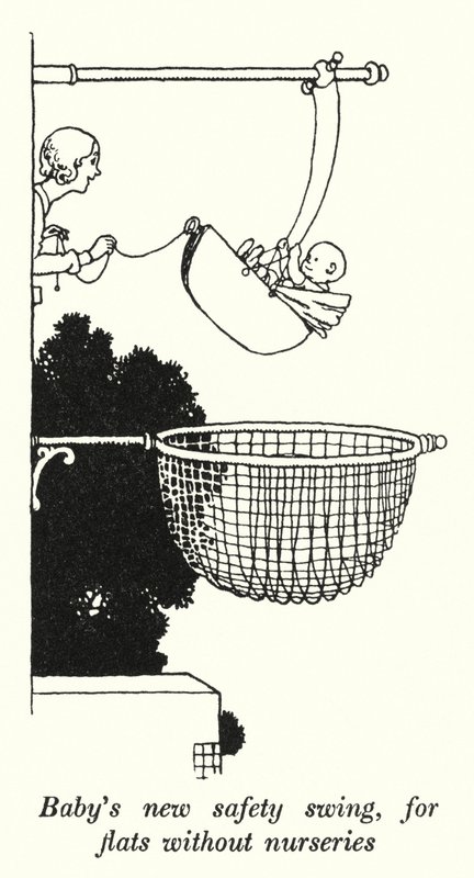 La nuova altalena di sicurezza del bambino, per appartamenti senza nursery da William Heath Robinson