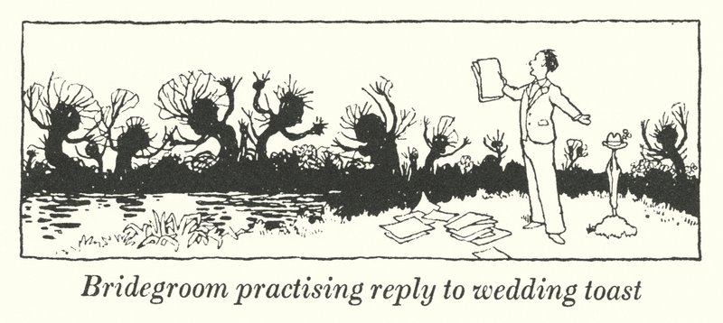 Lo sposo pratica la risposta al brindisi di nozze da William Heath Robinson