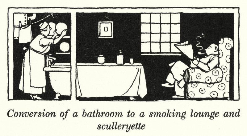 Conversione di un bagno in un salotto per fumatori e sculleryette da William Heath Robinson