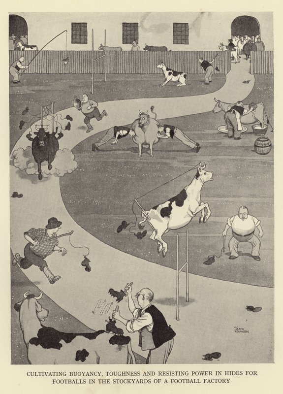 Coltivare la galleggiabilità, la durezza e la resistenza nelle pelli per i palloni da calcio nei recinti di un fabbrica di palloni da William Heath Robinson