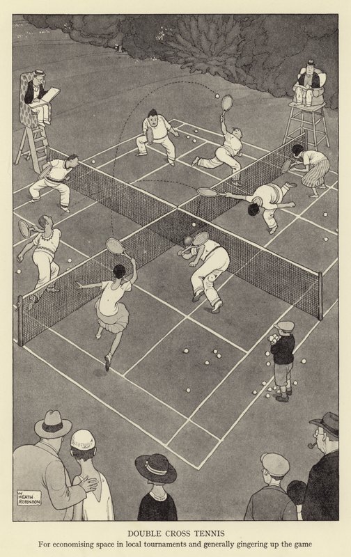Doppio tennis, per risparmiare spazio nei tornei locali e generalmente ravvivare il gioco da William Heath Robinson