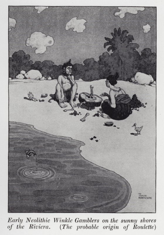 Giocatori di winkle del primo neolitico sulle rive soleggiate della Riviera, la probabile origine della roulette da William Heath Robinson