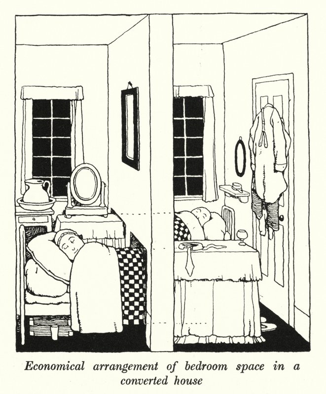 Disposizione economica dello spazio della camera da letto in una casa convertita da William Heath Robinson