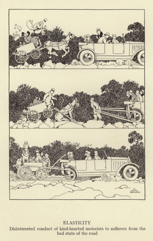 Elasticità, comportamento disinteressato di automobilisti di buon cuore verso i sofferenti per il cattivo stato della strada da William Heath Robinson