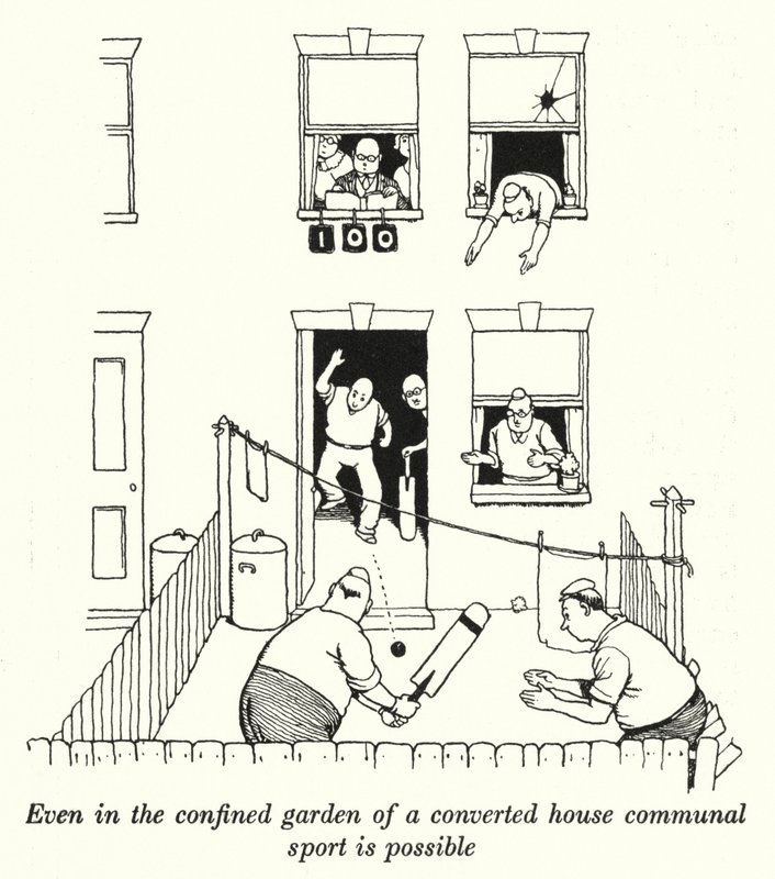 Anche nel giardino confinato di una casa convertita è possibile lo sport comunitario da William Heath Robinson