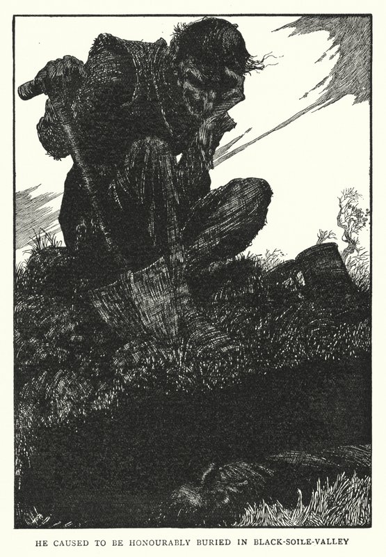 Fece seppellire onorevolmente nella Valle del Suolo Nero (litografia) da William Heath Robinson