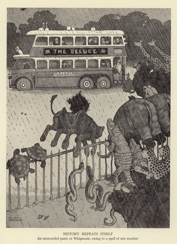 La storia si ripete, un panico non registrato a Whipsnade, a causa di un periodo di maltempo da William Heath Robinson