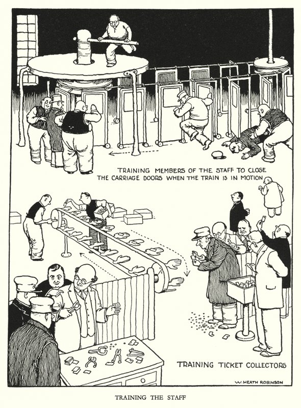 Illustrazione per Railway Ribaldry di W Heath Robinson da William Heath Robinson