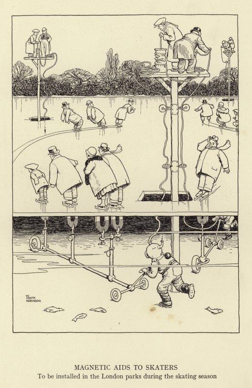 Aiuti magnetici per pattinatori, da installare nei parchi di Londra durante la stagione del pattinaggio da William Heath Robinson