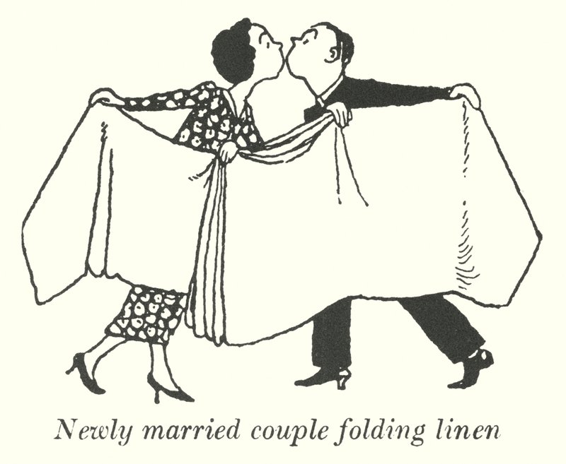 Coppia di novelli sposi che piega la biancheria da William Heath Robinson