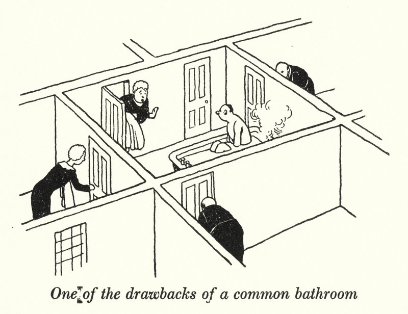 Uno degli svantaggi di un bagno comune da William Heath Robinson