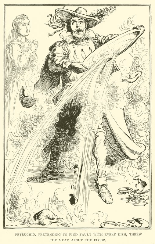 Petruchio, fingendo di trovare difetti in ogni piatto, gettò la carne sul pavimento da William Heath Robinson