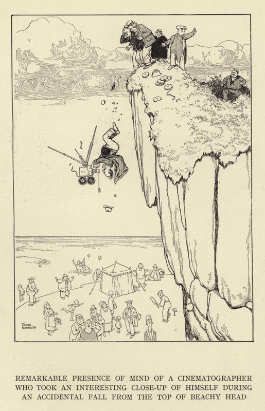 Notevole presenza di spirito di un cineasta che ha fatto un interessante primo piano di sé stesso durante una caduta accidentale dalla cima di Beachy Head da William Heath Robinson