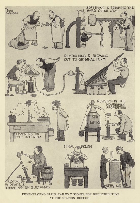 Rianimare gli scones ferroviari stantii per la ridistribuzione nei buffet della stazione da William Heath Robinson