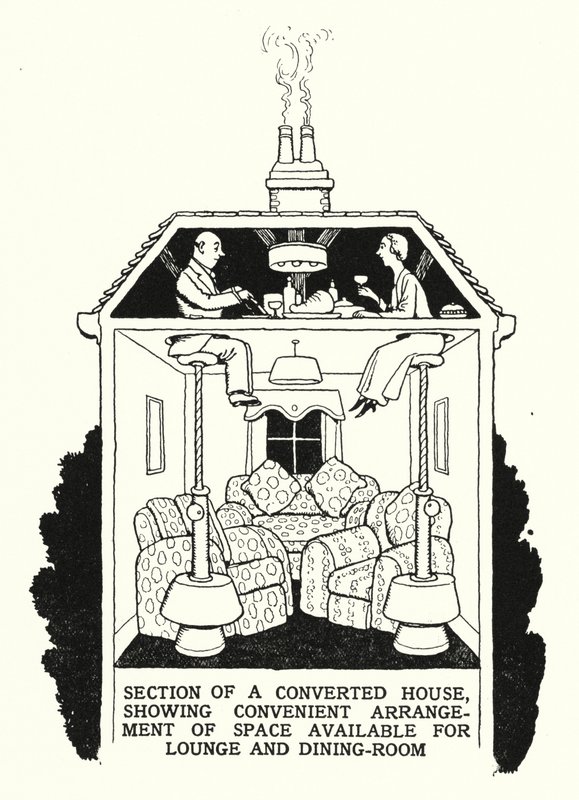 Sezione di una Casa Convertita, Mostrando la Disposizione Conveniente dello Spazio Disponibile per Salotto e Sala da Pranzo da William Heath Robinson