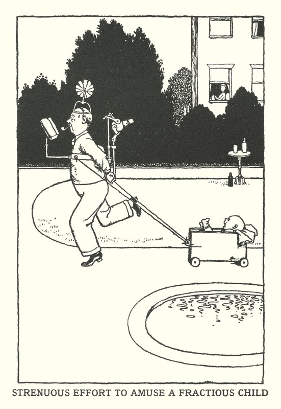 Sforzo intenso per divertire un bambino irrequieto (litografia) da William Heath Robinson