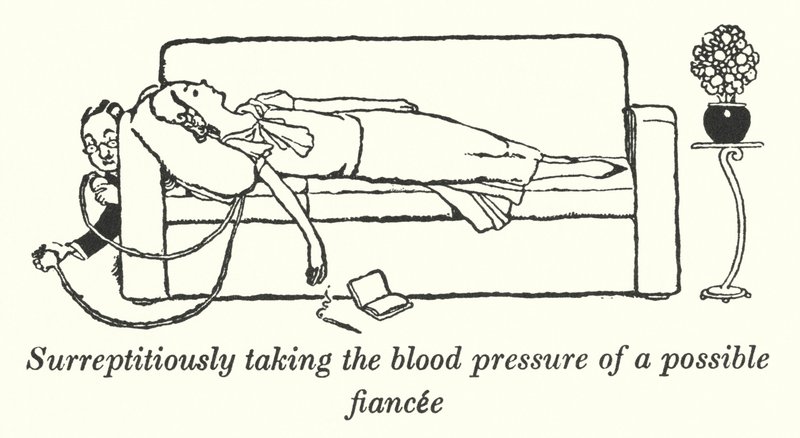 Misurare furtivamente la pressione sanguigna di una possibile fidanzata (litografia) da William Heath Robinson