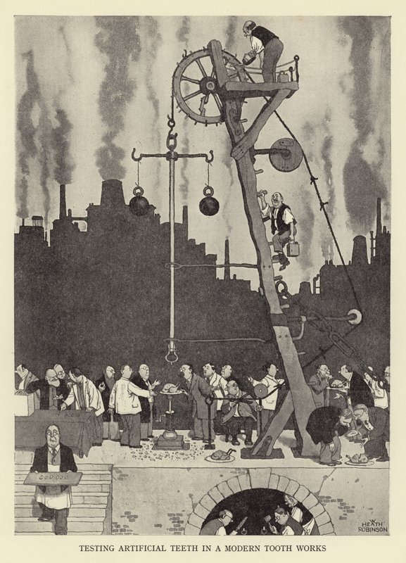 Test di denti artificiali in una moderna fabbrica di denti da William Heath Robinson