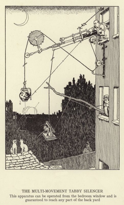 Il Silenziatore Tabby Multi-movimento, questo apparato può essere operato dalla finestra della camera da letto ed è garantito per raggiungere qualsiasi parte del cortile da William Heath Robinson