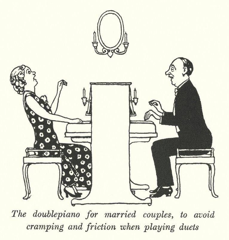 Il doppio pianoforte per coppie sposate, per evitare crampi e attriti durante i duetti (litografia) da William Heath Robinson