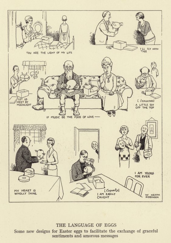 Il linguaggio delle uova, alcuni nuovi disegni per uova di Pasqua per facilitare lo scambio di sentimenti graziosi e messaggi amorosi da William Heath Robinson