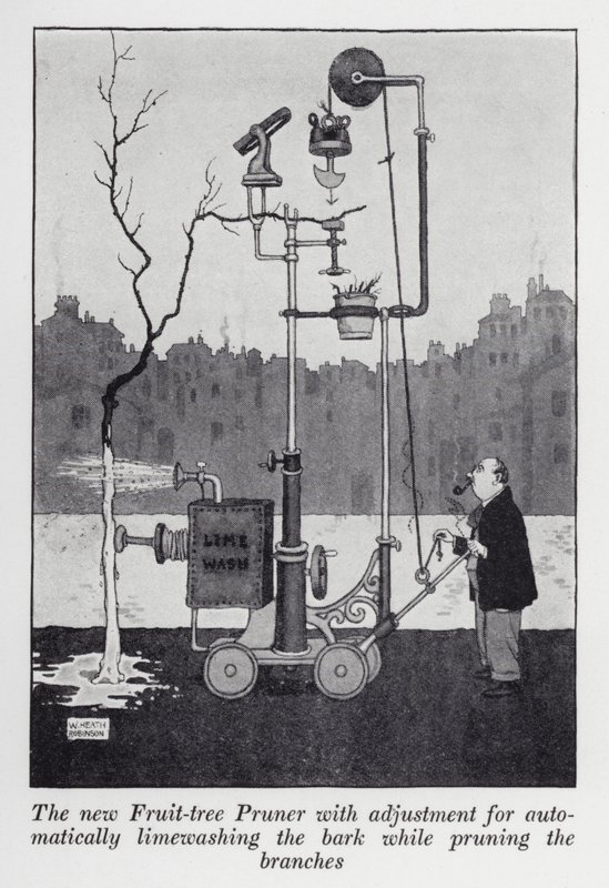 Il nuovo potatore di alberi da frutto con regolazione per imbiancare automaticamente la corteccia mentre si potano i rami da William Heath Robinson