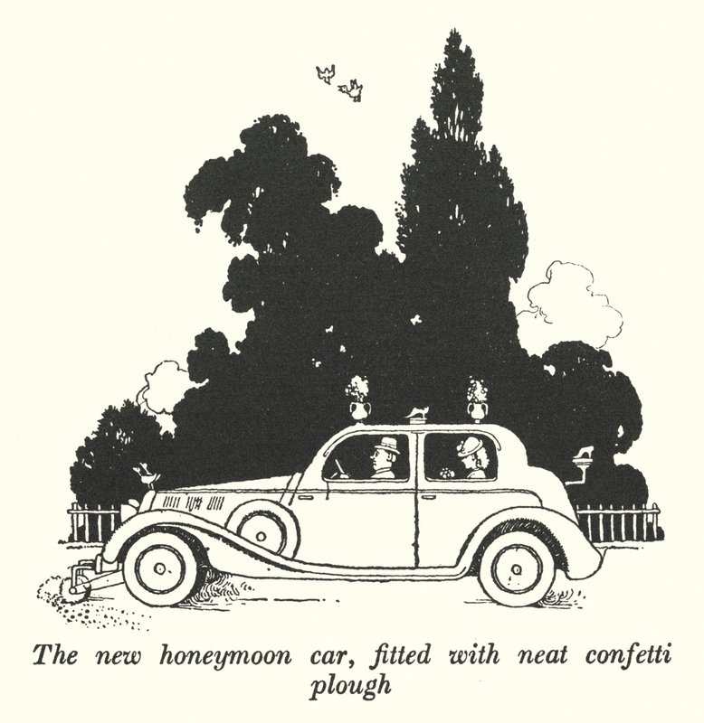 La nuova auto da luna di miele, dotata di aratro per coriandoli da William Heath Robinson