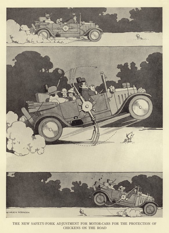 Il nuovo regolatore di sicurezza per automobili per la protezione dei polli sulla strada da William Heath Robinson