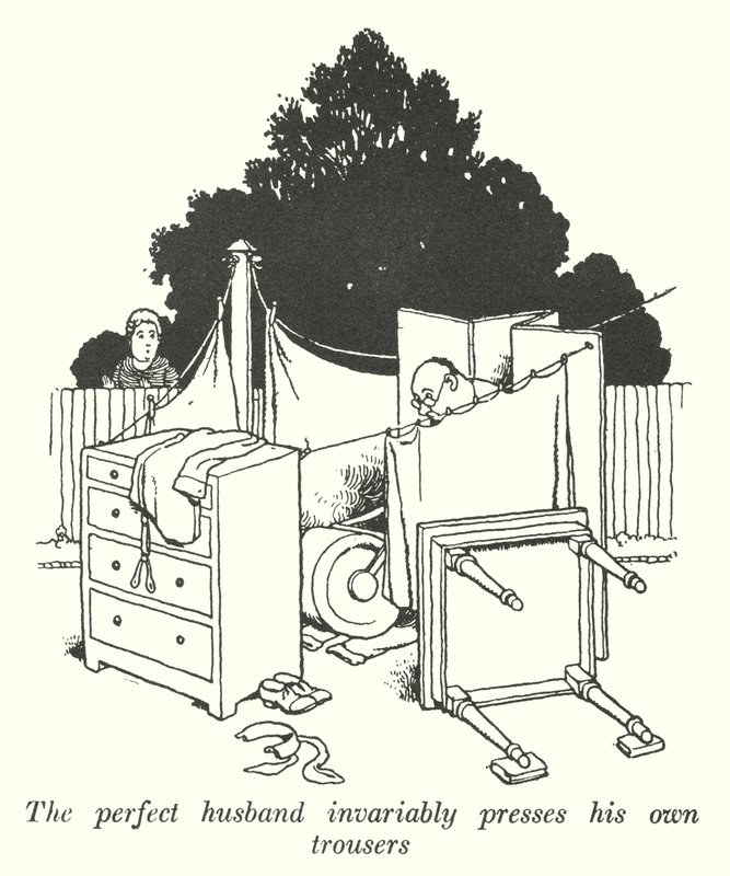 Il marito perfetto stira sempre i suoi pantaloni (litografia) da William Heath Robinson