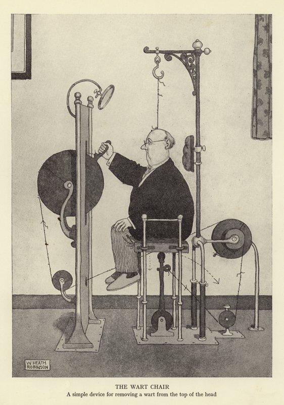 La sedia delle verruche, un semplice dispositivo per rimuovere una verruca dalla sommità della testa da William Heath Robinson