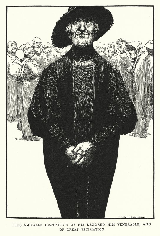 Questa sua disposizione amichevole lo rese venerabile e di grande stima (litografia) da William Heath Robinson