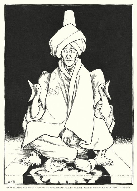 Ciò che gli piacque molto fu vedere Abou Hassan riempire il suo trono con quasi la stessa gravità di lui da William Heath Robinson