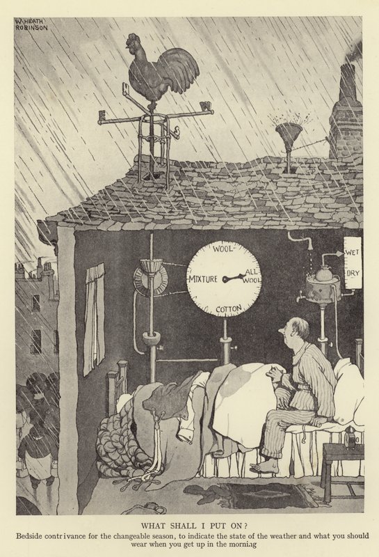 Cosa devo indossare? Dispositivo da comodino per la stagione variabile, per indicare lo stato del tempo e cosa indossare al mattino da William Heath Robinson