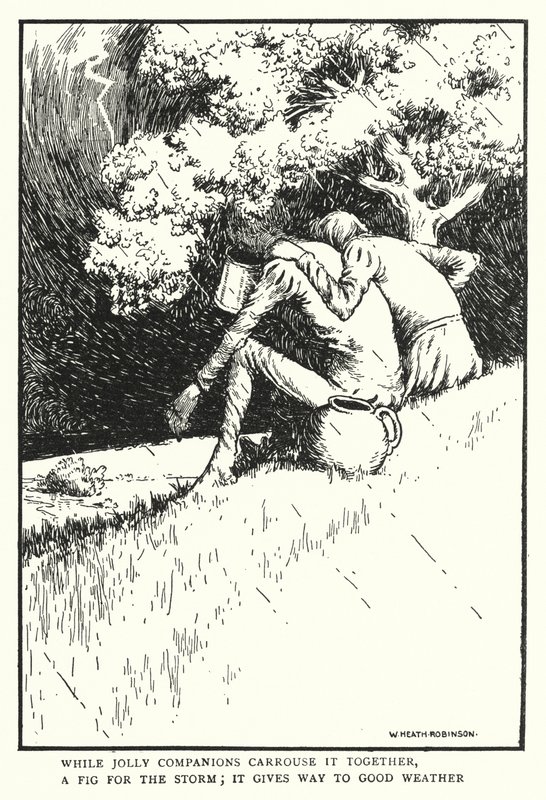 Mentre allegri compagni brindano insieme, un fico per la tempesta, cede al bel tempo da William Heath Robinson