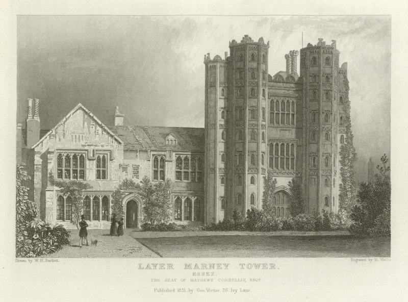 Layer Marney Tower, Essex, la residenza di Mathews Corsellis, Esquire da William Henry Bartlett