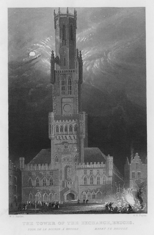La Torre della Borsa, Bruges (incisione) da William Henry Bartlett