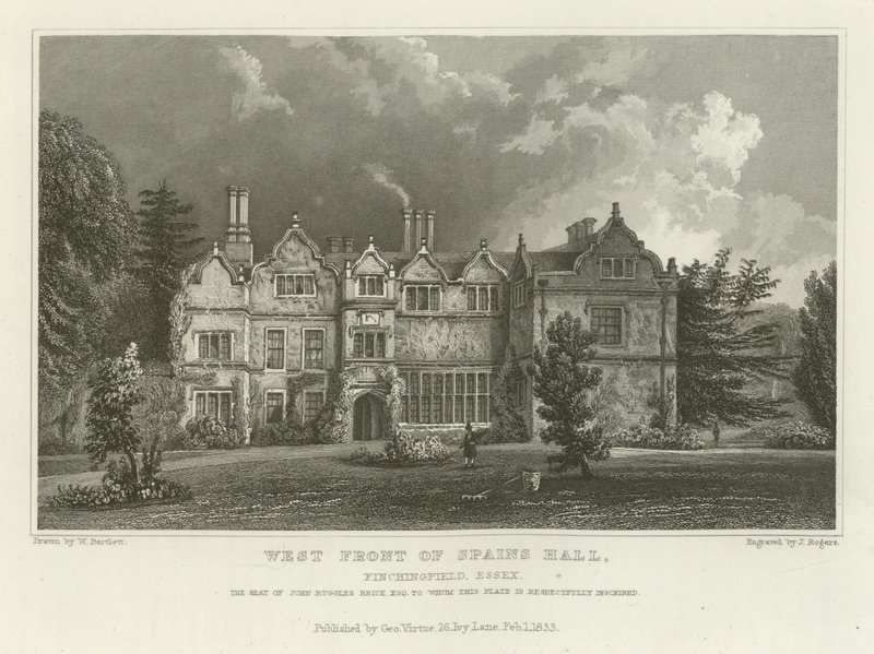 Facciata ovest di Spains Hall, Finchingfield, Essex, la residenza di John Ruggles Brice, Esquire da William Henry Bartlett