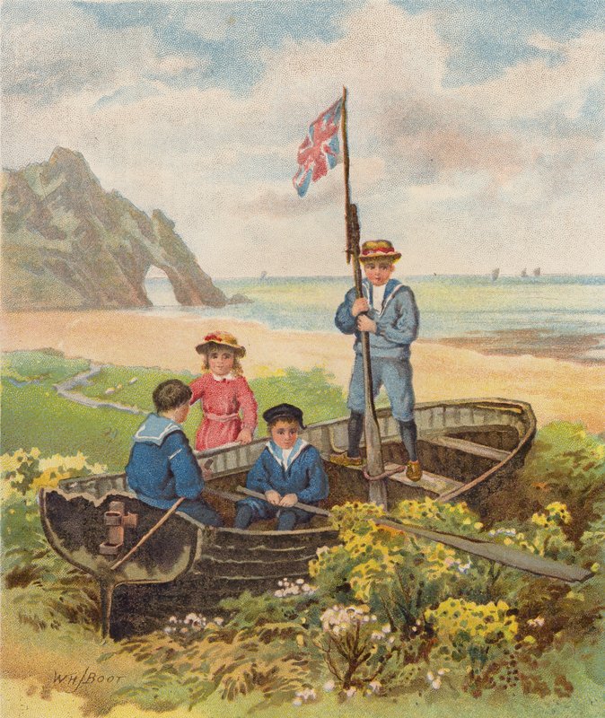 Bambini che giocano in una barca sulla spiaggia da William Henry James (after) Boot