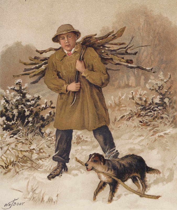 Uomo e cane che raccolgono legna da ardere da William Henry James (after) Boot