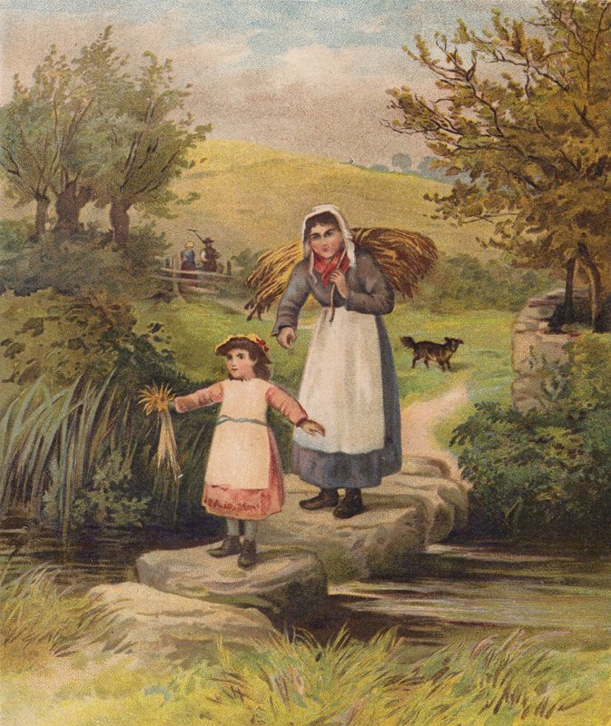 Donna e ragazza che attraversano un ruscello su pietre da William Henry James (after) Boot