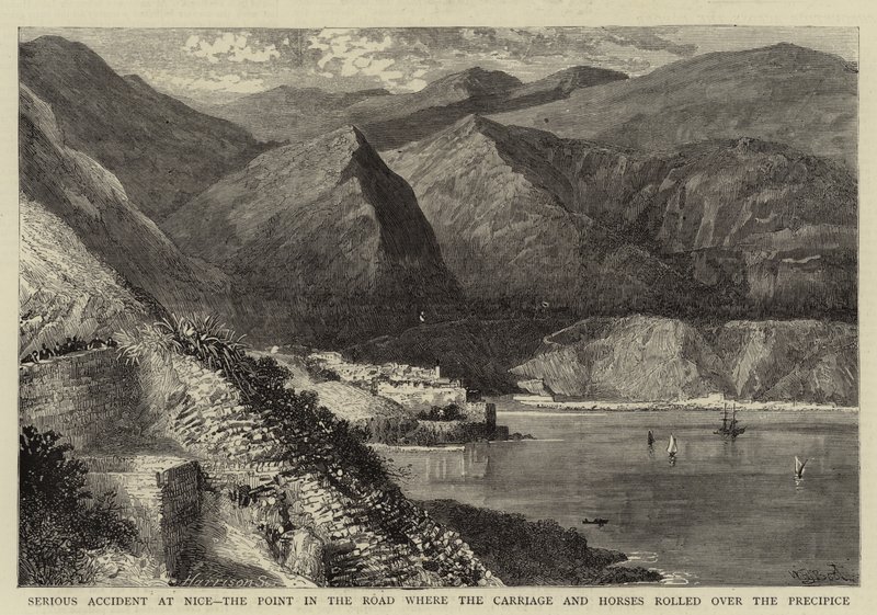 Grave Incidente a Nizza, il Punto della Strada dove la Carrozza e i Cavalli sono caduti nel Precipizio da William Henry James Boot