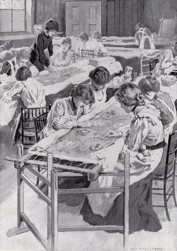 Studenti della Royal School of Art Needlework che ricamano il manto dell